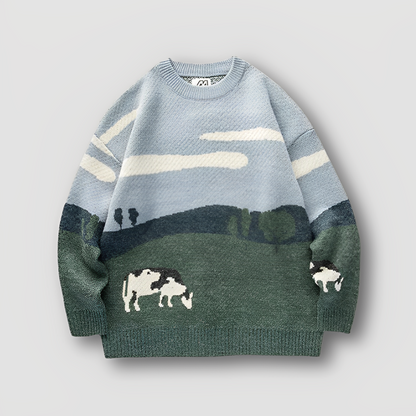 Landscape Cow Farm Graphic Knit Sweater