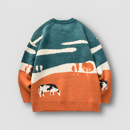 Landscape Cow Farm Graphic Knit Sweater