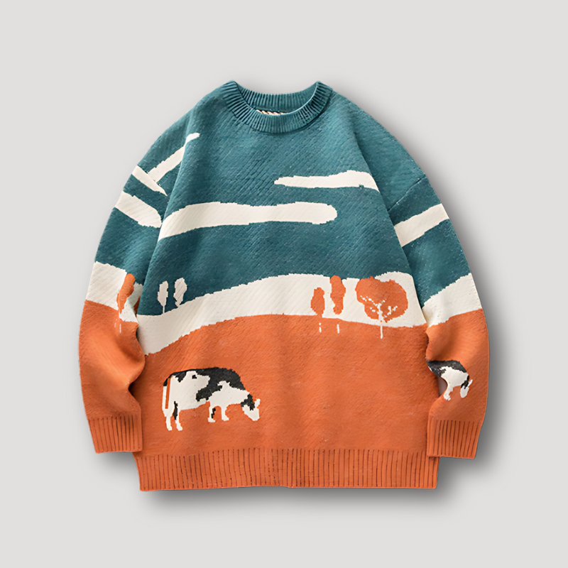 Landscape Cow Farm Graphic Knit Sweater