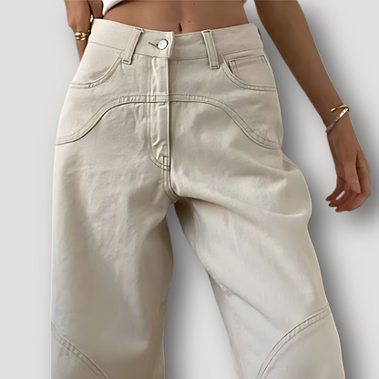 Beige Baggy High Waisted Jeans Straight Leg