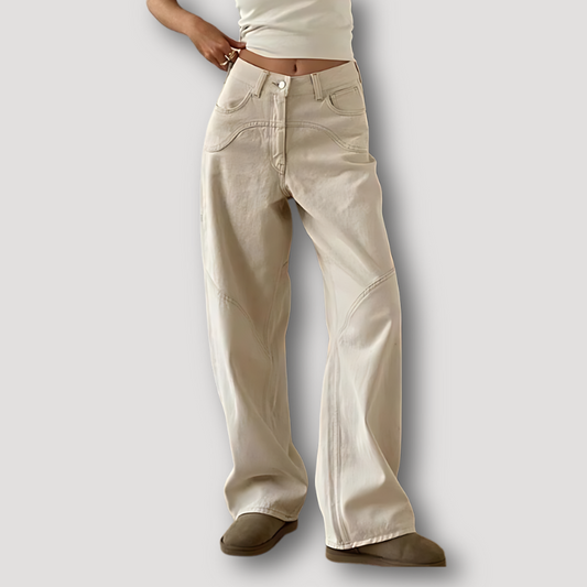 Beige Baggy High Waisted Jeans Straight Leg