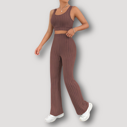 Two Piece Ribbed Knit Summer Outfit Crop Tank Top And Pants Set