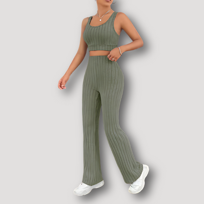 Two Piece Ribbed Knit Summer Outfit Crop Tank Top And Pants Set