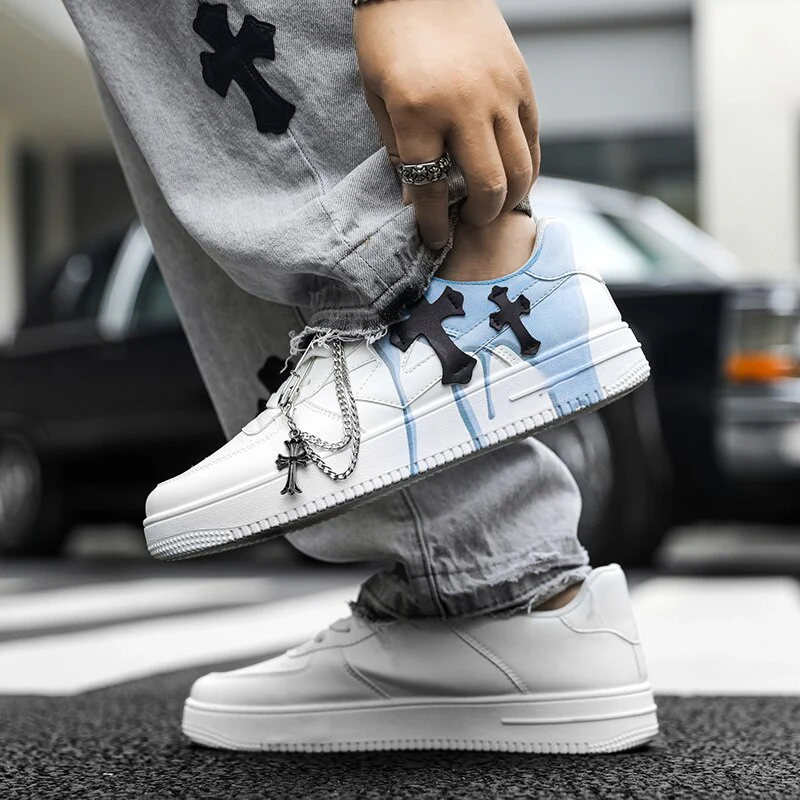 Black Double Cross Patchwork Low Top White Sneakers Men