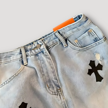 Washed Black Cross Patches Ripped Denim Shorts