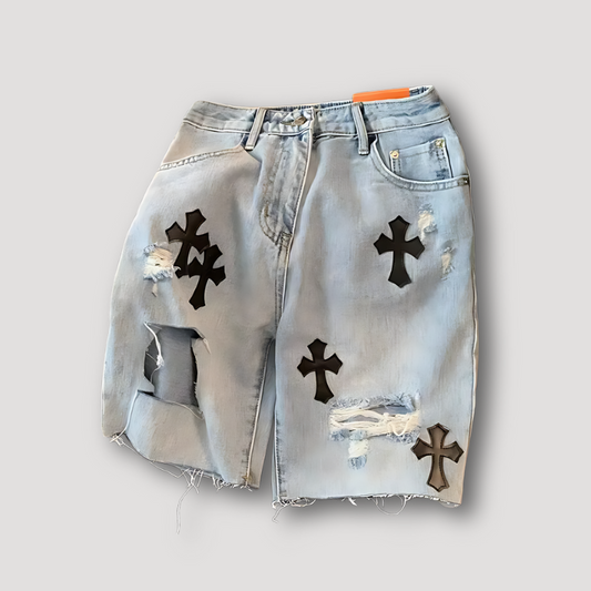 Washed Black Cross Patches Ripped Denim Shorts