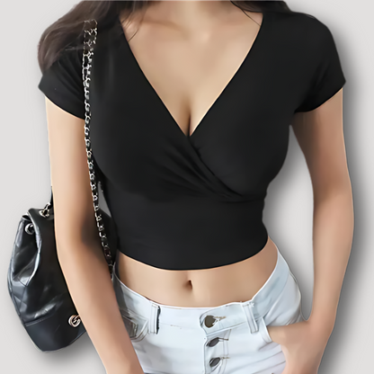 Deep V-neck Slim Fitted Short Sleeve Cross Wrap Crop Tops