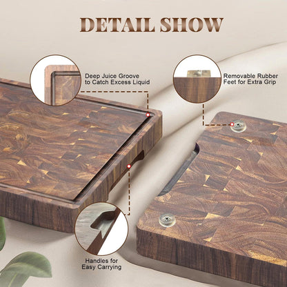 Acacia End Grain Cutting Board – 2.5cm Thick, Built-In Handles, 390x275mm