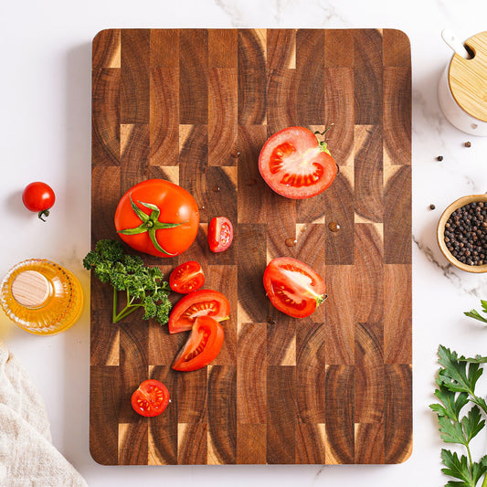 Acacia End Grain Cutting Board – 2.5cm Thick, Built-In Handles, 390x275mm