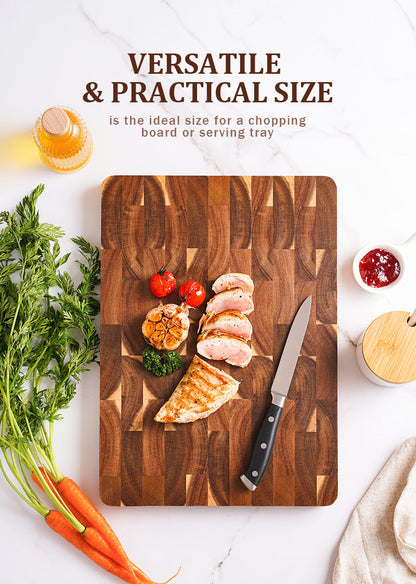 Acacia End Grain Cutting Board – 2.5cm Thick, Built-In Handles, 390x275mm