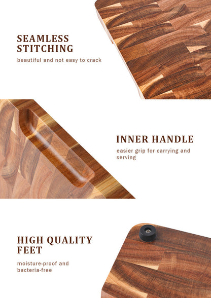 Acacia End Grain Cutting Board – 2.5cm Thick, Built-In Handles, 390x275mm