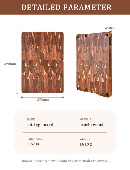 Acacia End Grain Cutting Board – 2.5cm Thick, Built-In Handles, 390x275mm