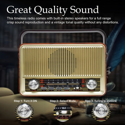 Retro Wireless Radio – FM/AM/Shortwave – Portable Transistor – AUX/TF/USB Playback – Rechargeable Battery – Classic Durable Design