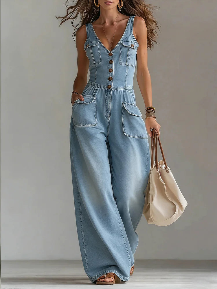 Women Denim Jumpsuit Wide Leg – Stretch Mix Cotton – Casual Fit With Pockets