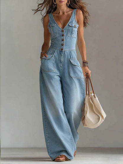 Women Denim Jumpsuit Wide Leg – Stretch Mix Cotton – Casual Fit With Pockets