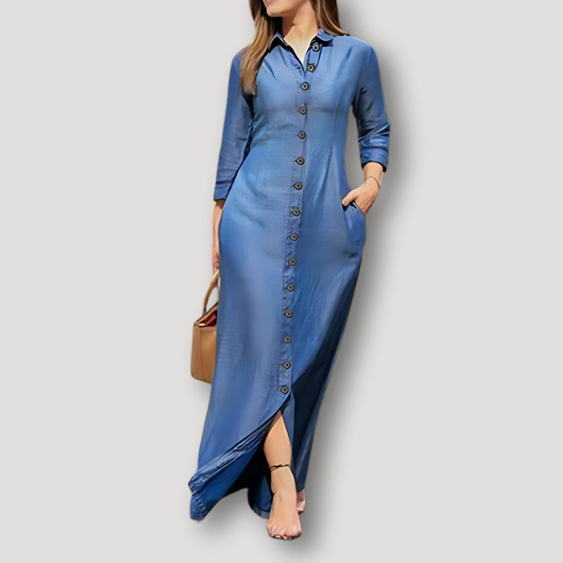 Long Sleeve Button Up Maxi Long Denim Dress Women