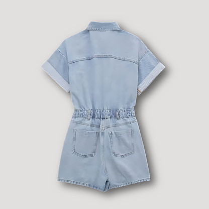 Short Sleeve Button Up Overall Denim Romper