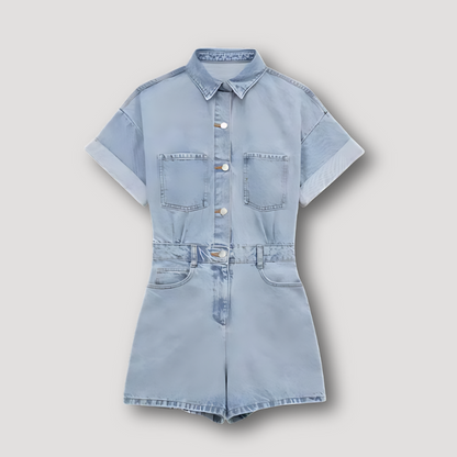 Short Sleeve Button Up Overall Denim Romper