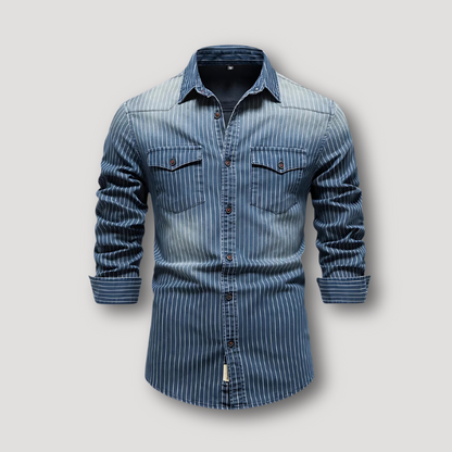 Casual Button Up Striped Polo Denim Shirt Men