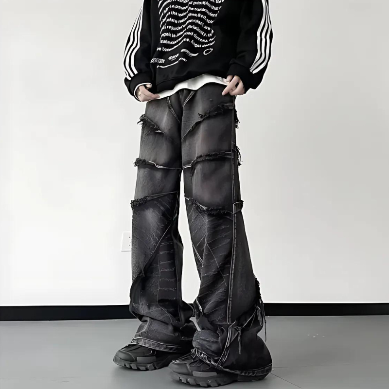 Distressed Spider Web Black Denim Jeans Men