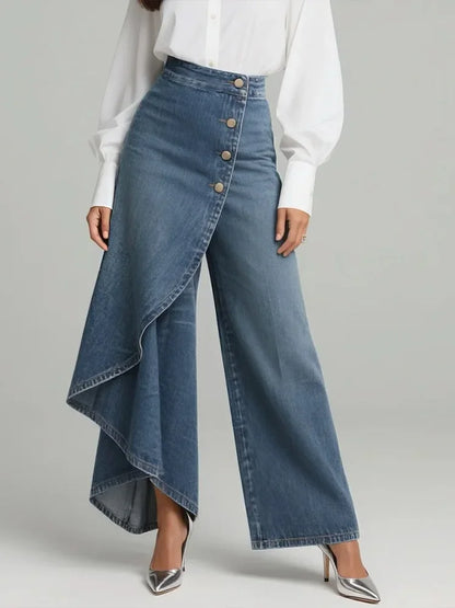 Women High Waist Wide Leg Jeans – Relaxed Fit Cotton Denim With Patch Pockets