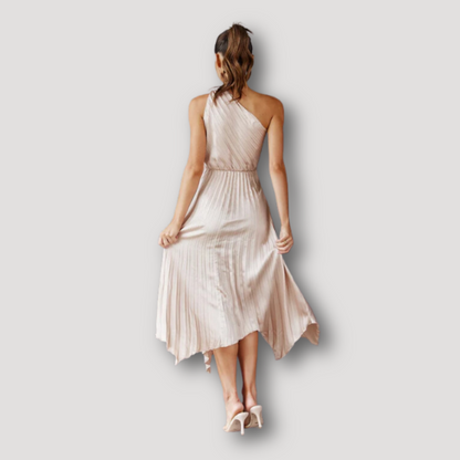 Champagne Pleated Asymmetrical Twist Waist Midi One Shoulder Dress