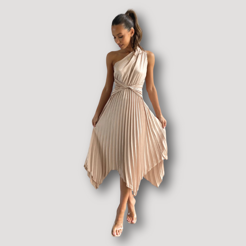 Champagne Pleated Asymmetrical Twist Waist Midi One Shoulder Dress