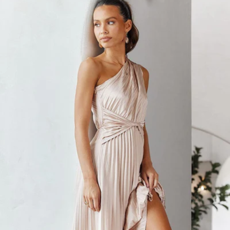 Champagne Pleated Asymmetrical Twist Waist Midi One Shoulder Dress