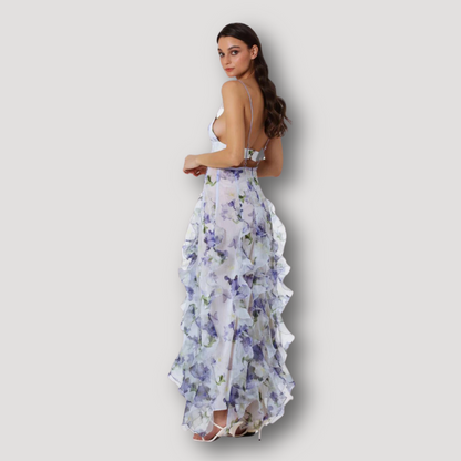 Floral Slim Fitted Bodice Layered Ruffle Maxi Dress