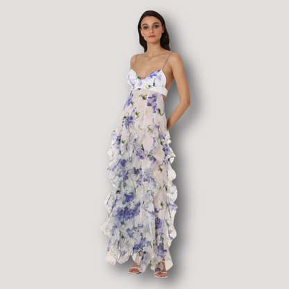 Floral Slim Fitted Bodice Layered Ruffle Maxi Dress