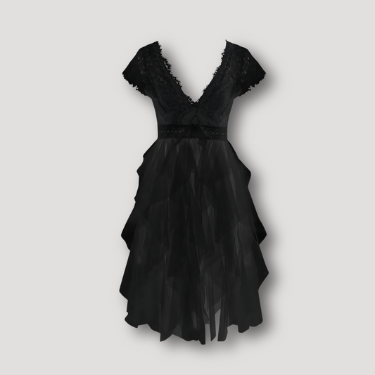 V-neck Lace Tulle Asymmetric Mini Dress Women