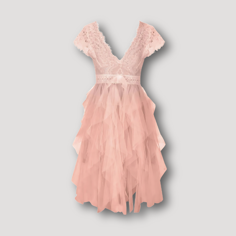 V-neck Lace Tulle Asymmetric Mini Dress Women