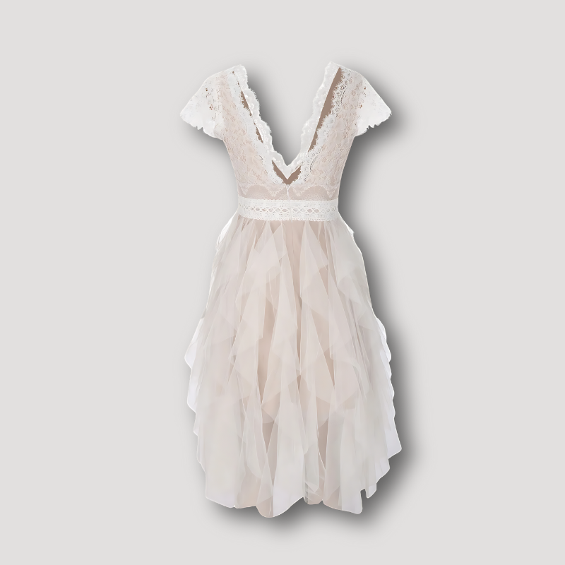 V-neck Lace Tulle Asymmetric Mini Dress Women