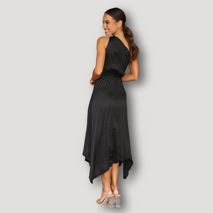 Black Pleated Asymmetrical Twist Waist Midi One Shoulder Dress