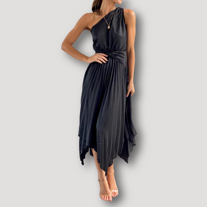 Black Pleated Asymmetrical Twist Waist Midi One Shoulder Dress