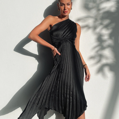 Black Pleated Asymmetrical Twist Waist Midi One Shoulder Dress