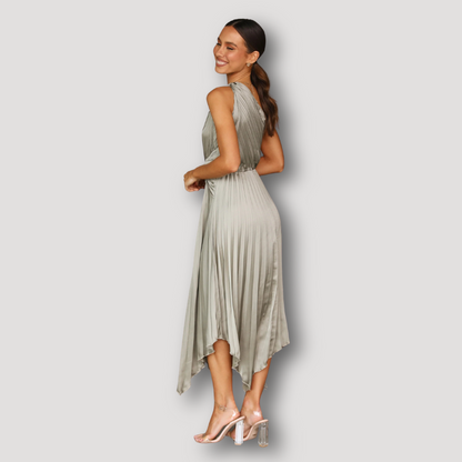 Olive Green Pleated Asymmetrical Twist Waist Midi One Shoulder Dress