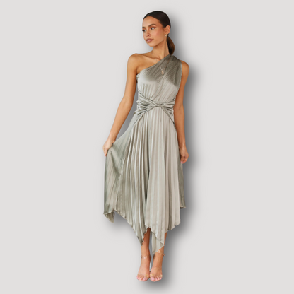 Olive Green Pleated Asymmetrical Twist Waist Midi One Shoulder Dress