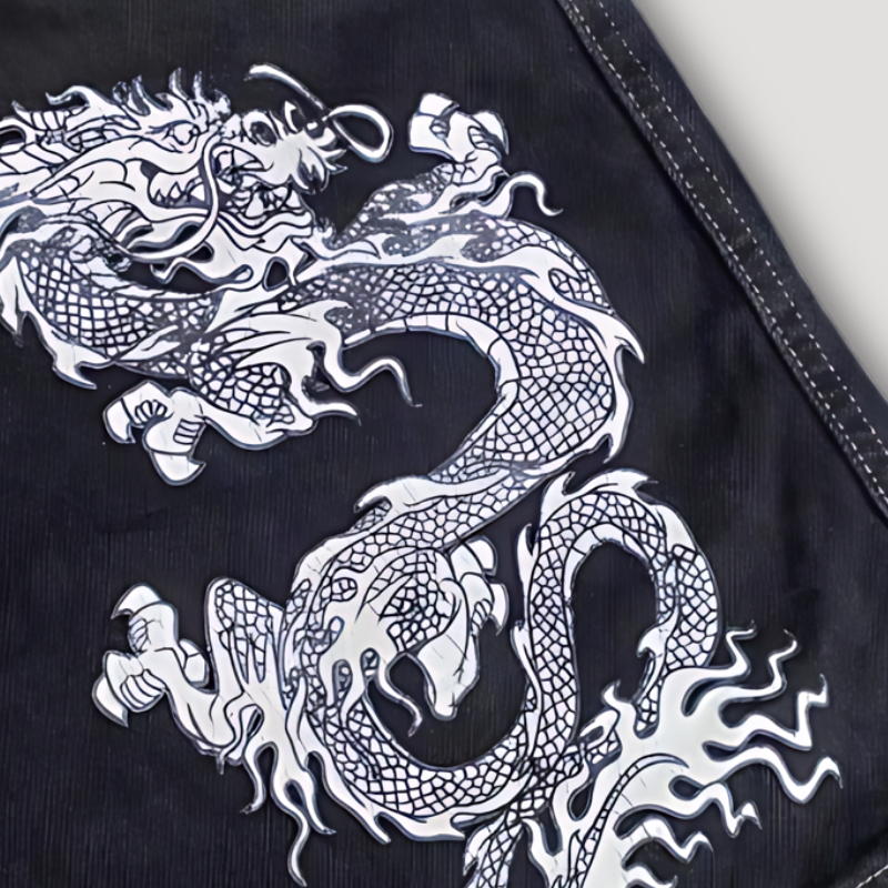 Hip Hop Vintage Dragon Print Black Denim Shorts