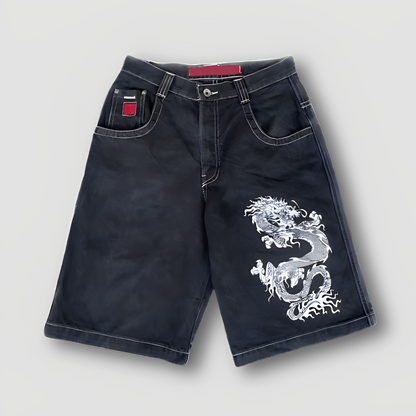 Hip Hop Vintage Dragon Print Black Denim Shorts