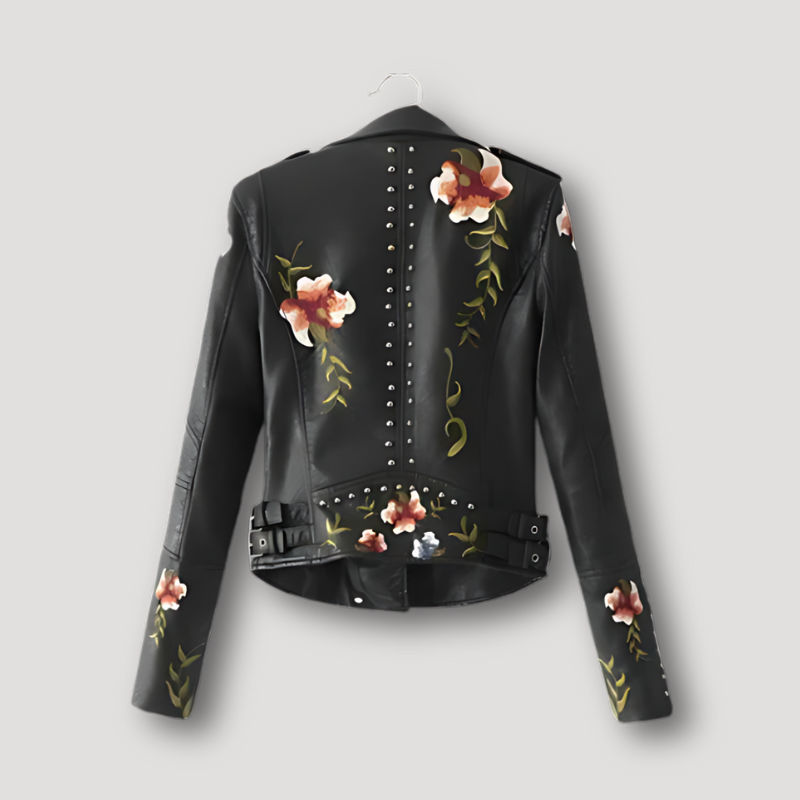 Floral Zipper Sleeve Rivets Women's Leather Jacket Motorcycle