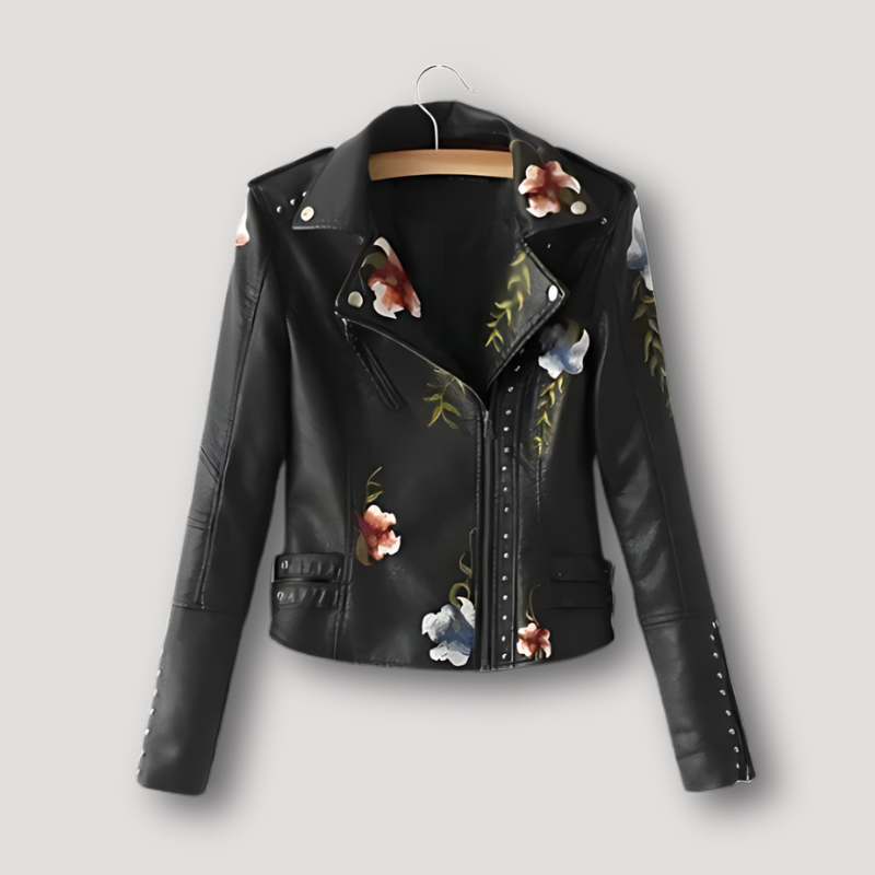 Floral Zipper Sleeve Rivets Women's Leather Jacket Motorcycle