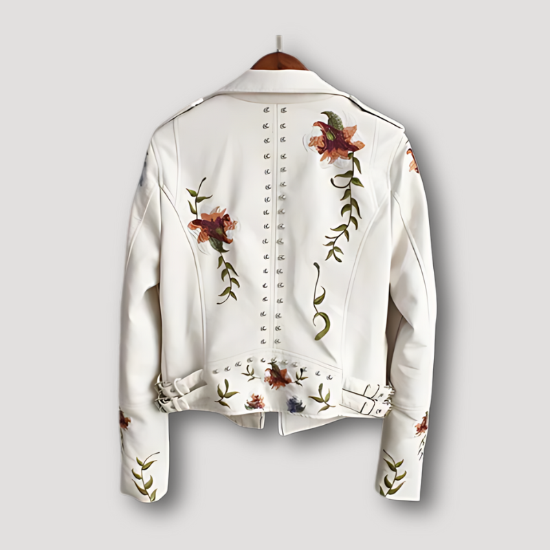 Floral Zipper Sleeve Rivets Women's Leather Jacket Motorcycle