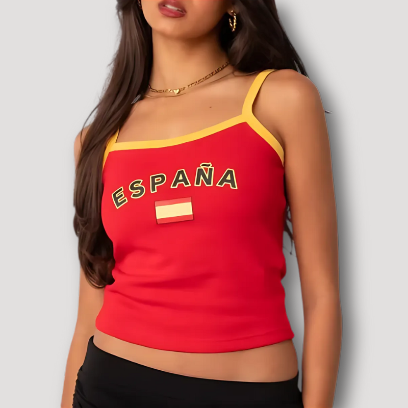 Sleeveless Yellow Strap 'ESPANA' Crop Tops Red