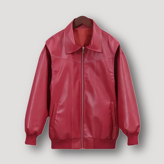 Zip Up Red Leather Jacket for Women