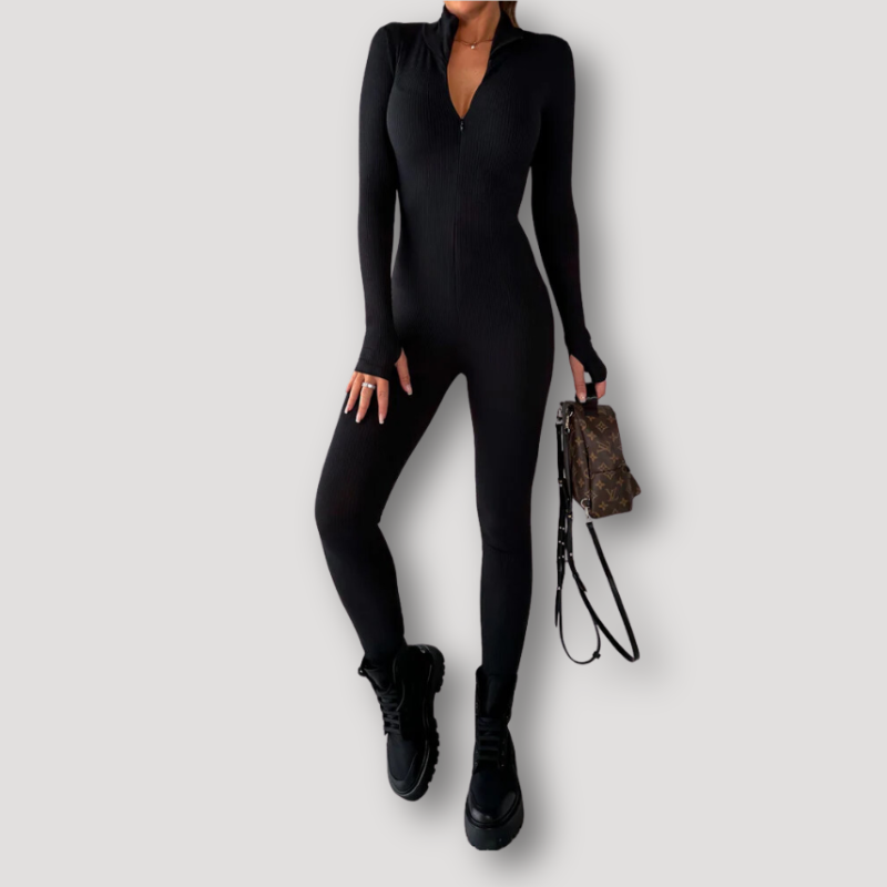 Catwoman Seamless Zip Up Long Sleeve Black Jumpsuit Women