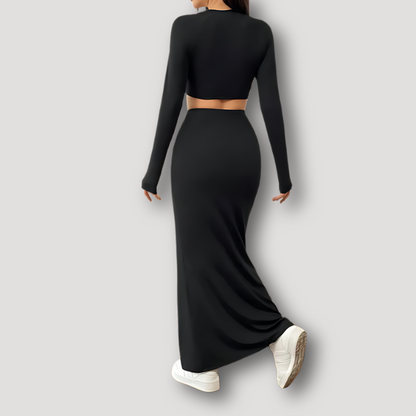 Summer Outfit Long Sleeve Tube Crop Top Ruched Maxi Skirt Top Set