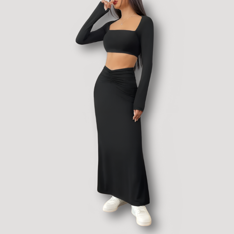 Summer Outfit Long Sleeve Tube Crop Top Ruched Maxi Skirt Top Set