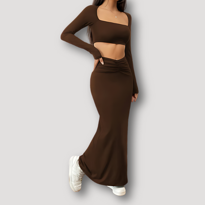 Summer Outfit Long Sleeve Tube Crop Top Ruched Maxi Skirt Top Set