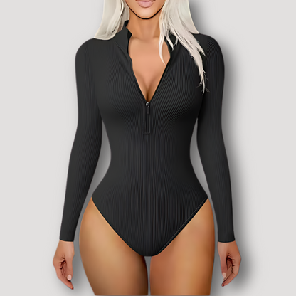 Ribbed Knit Bodycon Half Zip Long Sleeve Bodysuit Women